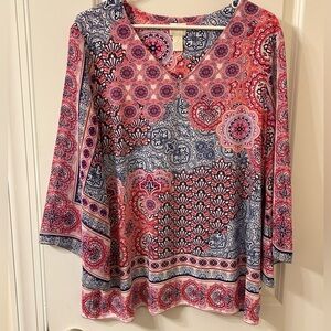 Chico's Pink and Red Graphic 3/4 Sleeve Blouse